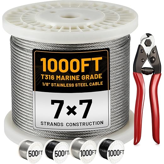 AHEONLAR 1000FT 1/8" T316 Stainless Steel Cable for Railing,7x7 Wire Rope with Cutter,1850 lb Breaking Strength,Deck Stair Fence Hardware Kit for Indoor Outdoor Use,Silver