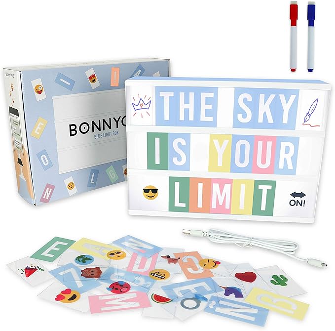 BONNYCO Blue Cinema Light Box with 400 Letters, Emojis and 2 Markers. Led Light Box Boy Bedroom Decor, Baby Shower. Cinema Led Sign Letters Board Gifts for Boys, Children for Birthdays Christmas