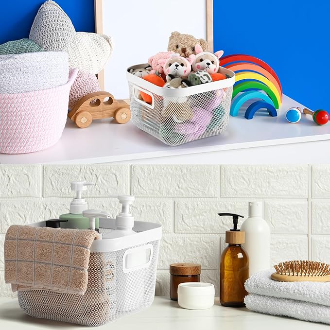 4 Pack Metal Mesh Basket with Hollow Handles White Wire Storage Bin for Organizing Stackable Metal Fine Mesh Basket for Pantry Bathroom Kitchen Cabinets Shelves (Medium)