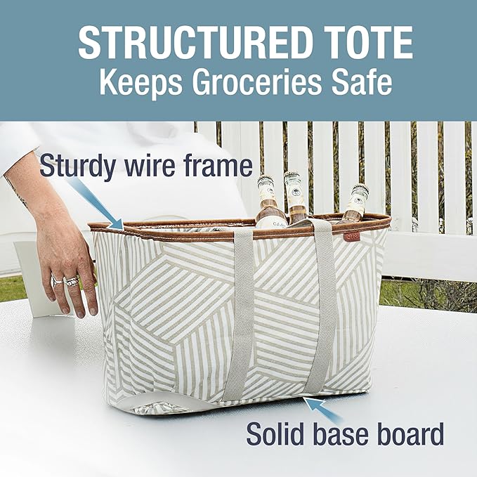 CleverMade Snapbasket LUXE Collapsible Tote - Geometric Taupe 1 Pack 30L / 8 Gal - Reusable Grocery Collapsible Storage Shopping Organizer