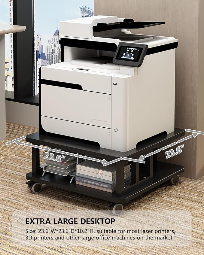Mobile Printer Stand, 2-Tier Large Printer Shelf for Laser 3D Printer Office Machine with Storage, 23.6"x23.6" Wood Printer Cart Under Desk Rack with Wheels for Office Home Kitchen (Black)