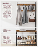 VASAGLE Coat Rack, Hall Tree with Shoe Storage Bench, Entryway Bench with Shoe Storage, 3-in-1, Steel Frame, for Entryway, 12.6 x 33.5 x 68.9 Inches, Industrial, Rustic Brown and Black UHSR401B01