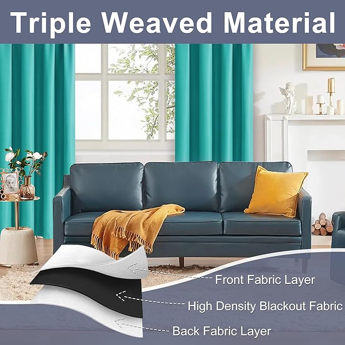 JIUZHEN Blackout Curtains for Bedroom - 60 Inch Extra Wide Thermal Insulated Room Darkening Privacy Soundproof Curtains for Living Room/Dorm Room, Set of 2 Panels, 60 x 63 inches,Peacock Blue