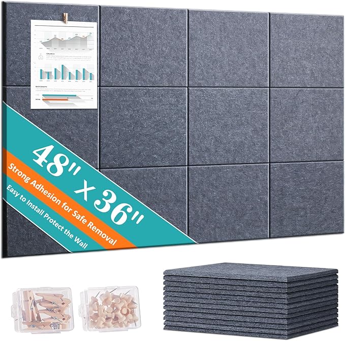 Large Cork Bulletin Board - 48" x 36" Cork Board for Walls - 12 Pack Felt Tiles, 60 Removable Safe Adhesive Tabs & 40 Pushpins - Dartboard Protector for Office, School, Home Decor - Dark Grey