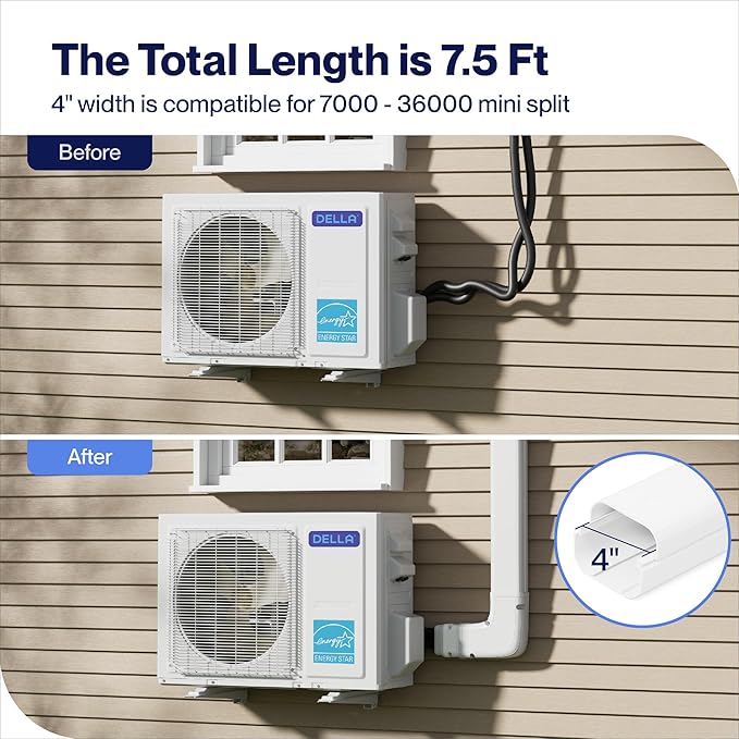 Della 4" 7.5 Ft Mini Split Line Set Cover, Decorative PVC Lineset Cover Kit, Paintable for Air Conditioner, Central AC, HAVC & Heat Pumps Systems Tubing Cover, White