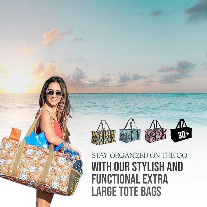 Extra Large Utility Tote Bag - Oversized Collapsible Reusable Wire Frame Rectangular Canvas Basket With Two Exterior Pockets For Beach, Pool, Laundry, Car Trunk, Storage - Paisley Blue