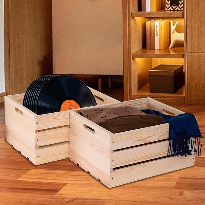 Extra Large Pine Wood Crates For Storage, Vinyl Records Storage Crates,The Storage Crates Are Made Of Pure Natural Solid Wood,Exuding Natural Pine Flavor,Unfinished Wooden Crates For Display . (3)