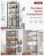 Storage Shelves Organizer - 5 Tier Metal Shelf Organizer with Metal Wheels and Adjustable Leveling Feet, Heavy Duty Garage Shelving for Kitchen, Pantry and Closet, 33.1"x12.6"x73.5", Black