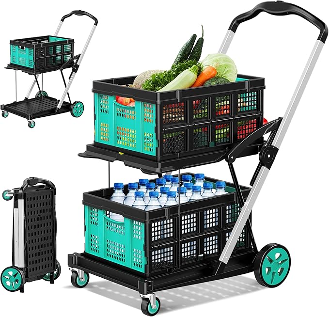 Collapsible Shopping Cart with Wheels, 8-in-1 200LBS Capacity Grocery Cart on Wheels with 2 Storage Crate, Folding Utility Cart for Shopping, Travel, Supermarket, Office, Teal