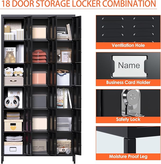 Aobabo 18 Doors Metal Storage Locker for Employees, Lockable Storage Locker with Metal Leg for Employees School Office Gym, Black, Assembly Required