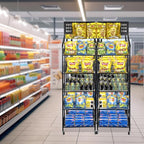 5 Tier Snack Rack Display Stand - Retail Display Shelves with Top Pegboard, 15 Hooks, Bakery Display Rack on Wheels for Easy Mobility and Organization (5 Tier - Black)