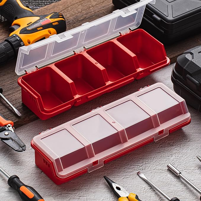 Hushee 6 Pcs Screw Organizer Box with Lid 4 Compartments Tool Bin Divider Plastic Stackable Hardware Organizer Small Part Storage Sorting Screw Box for Garage Workbench Craft Storage (Red)
