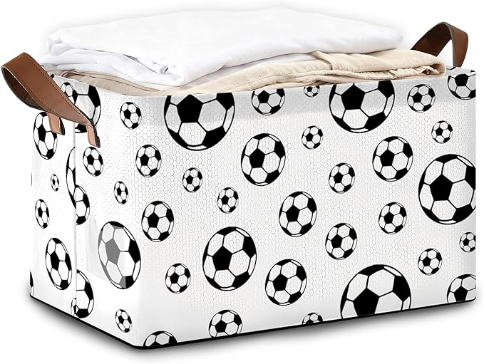 Black Soccer Football Storage Bins with Handles, Collapsible Storage for Clothes, Gift Basket, Blankets & Closet Organization