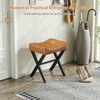 18-Inch Leather Vanity Stool Chair, Vanity Bench with Metal X-Leg, Ottoman Accent Stool with Thick Padded Saddle Seat, Brown