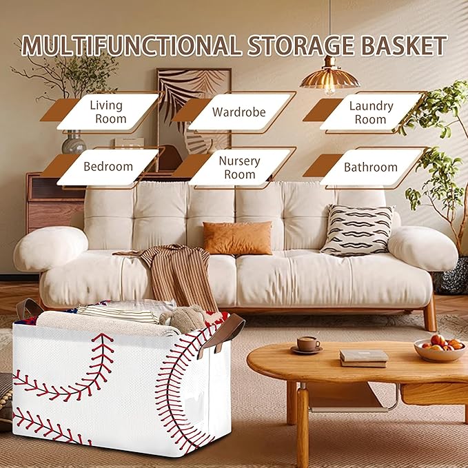 Baseball Texture Storage Basket Large 17x11.5x10.5 Inche-Collapsible Fabric Organizer Bin with Handles for Sports Gear,Toys,Laundry-Foldable Decorative Hamper with Stitched Leather Design-Single Pack