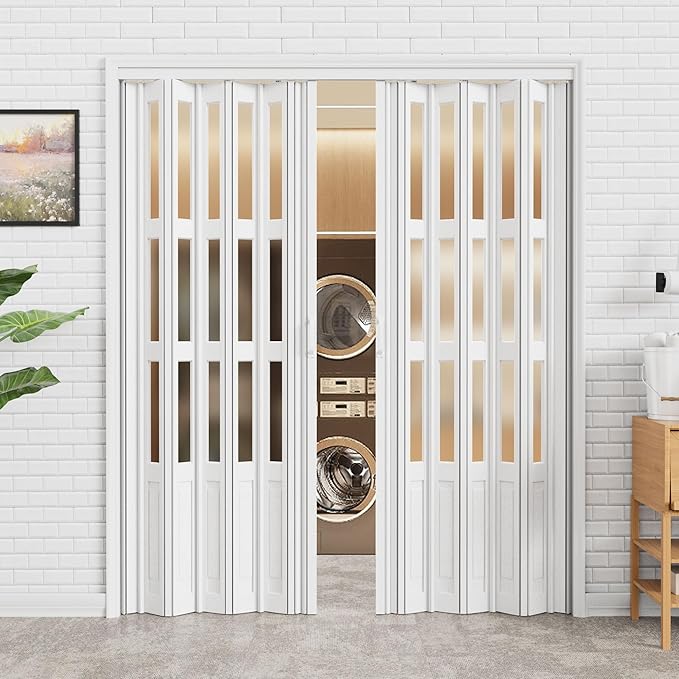 48-72 x 80in (Double 24-36) Accordion Doors Interior Folding Door, White 3 Frosted Acrylic Glass PVC Accordion Door with Upgraded Roller & Handle &Complete Hardware for Closet Bathroom Doorways