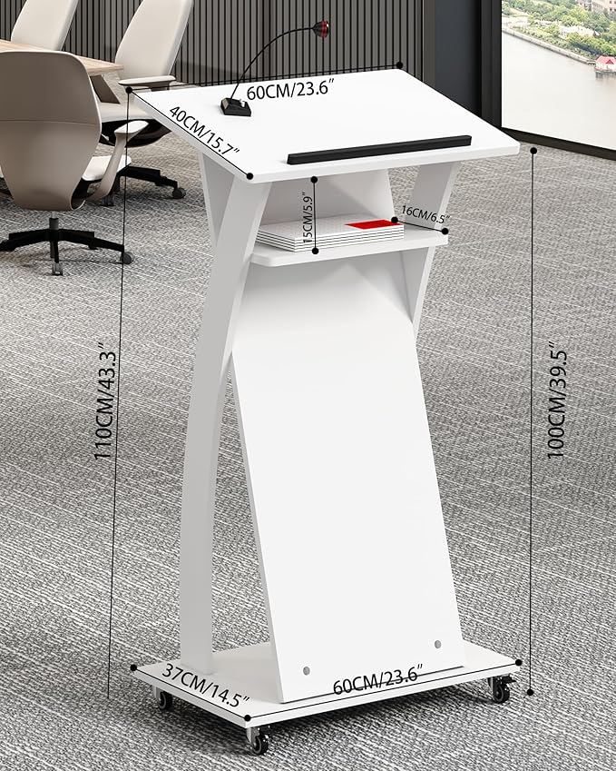Mobile Wooden Podium Stand with Wheels Lectern White 16MM Wood Board Elegant Design Wooden Churche Pulpit