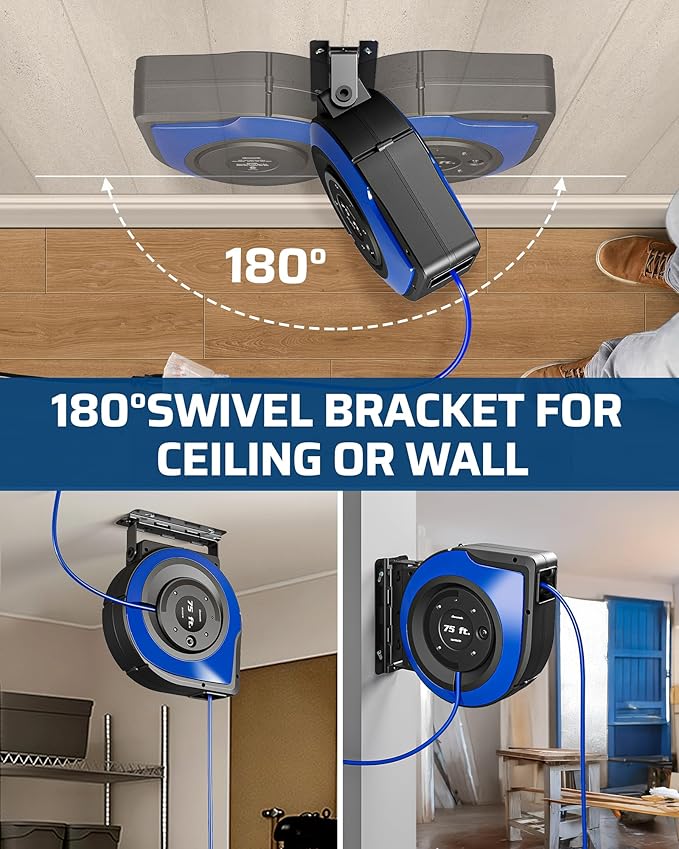 DEWENWILS Extension Cord Reel with 6 Grounded Outlets, 75FT Retractable Extension Cord Reel, Twist-lock Stopper, 14/3C SJTOW, 10A Circuit Breaker, Heavy Duty Power Cord, ETL Listed