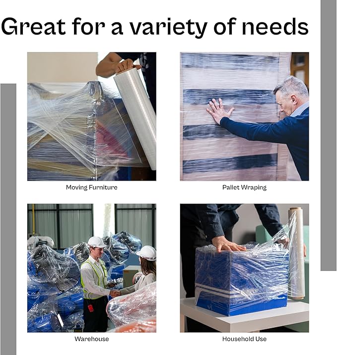 12" x 1500' x 80 Gauge Cast Hand Stretch Wrap Plastic Shrink Film 3” Core - 8 Rolls = 2 Cases