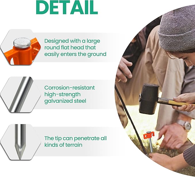 Tradesparker Tent Stakes 22-Pack 8Inch Heavy Duty Garden Stakes Canopy Anchors Double-Sided Hook Design - Includes Ropes for Camping Tents, Pop Up Canopies and Outdoor Events, Orange