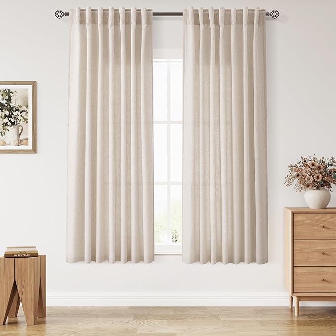 Nanspring Living Room Curtains 63 Inch Length Linen Cream Beige Luxury Light Filtering Semi Sheer Curtain Back Tab Modern Farmhouse Decor Elegant Coastal Drapes for Bedroom Office 52x63, 2 Panels