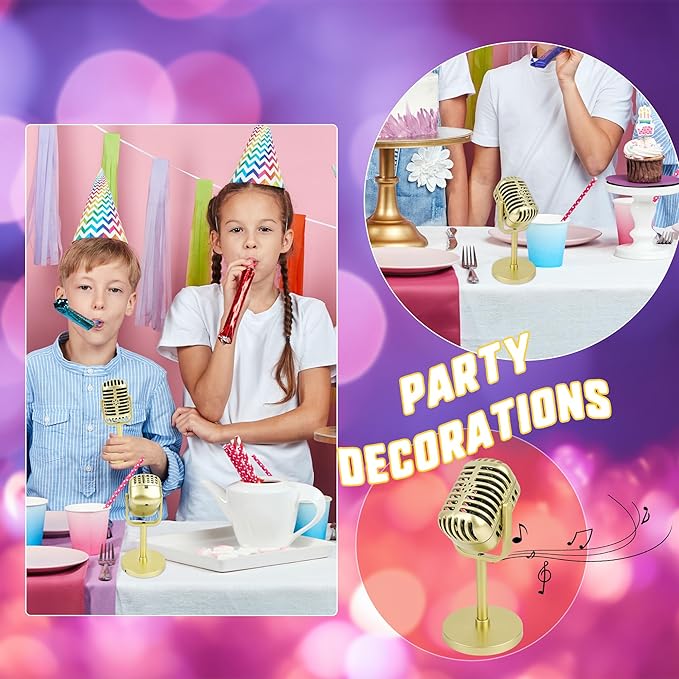 10 Pack Retro Microphone Props Fake Microphone Model with Stand Classic Vintage Plastic Antique Mic Table Decor for Halloween Party Decoration Rock Hip Hop Music Prop Pretend Play (Golden)