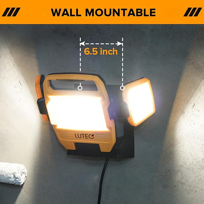 LUTEC 91.6W 10000 Lumen LED Work Light, Foldable Work Lights with 3 Adjustable Head, Portable Corded Construction Lights Job Site Lighting
