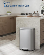Garvee 13 gal / 50 L Stainless Steel Kitchen Trash Can with Lid, Large Rustproof Garbage Can for Kitchen, Step-on Metal Trash Bin with Inner Bucket, Rear Handle, Soft Close Lid, Silver