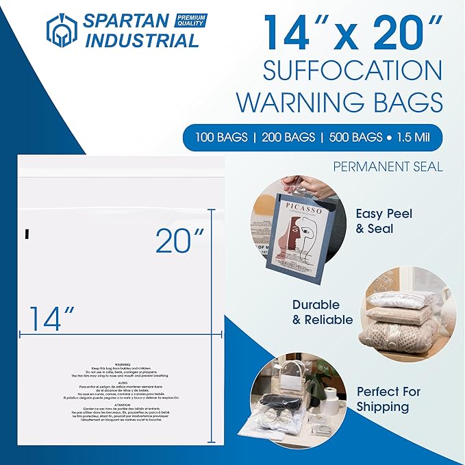 Spartan Industrial - 14" X 20" (500 Count) Self Seal Clear Poly Bags with Suffocation Warning for Packaging, Clothes - Permanent Adhesive