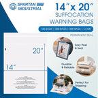 Spartan Industrial - 14" X 20" (500 Count) Self Seal Clear Poly Bags with Suffocation Warning for Packaging, Clothes - Permanent Adhesive