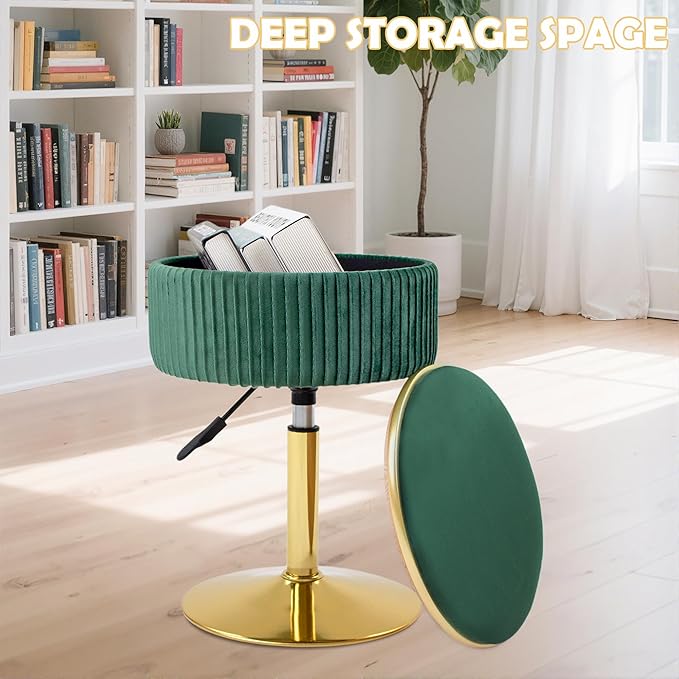 Adjustable Vanity Stool with Storage, 360° Swivel Makeup Stool Chair Small Velvet Round Ottoman with Gold Base for Bedroom, Green
