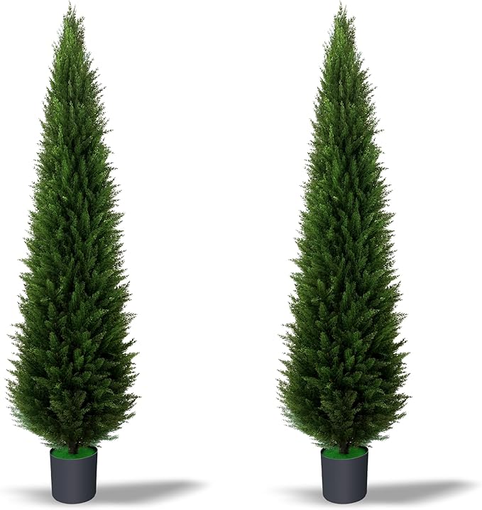 6ft Artificial Plants Outdoor & Indoor Fake Trees Set of 2, Large Tall Cypress Tree UV Resistant Artificial Cedar Pine for Front Door Porch Faux Plants, Realistic Topiary Arborvitae Home Decor