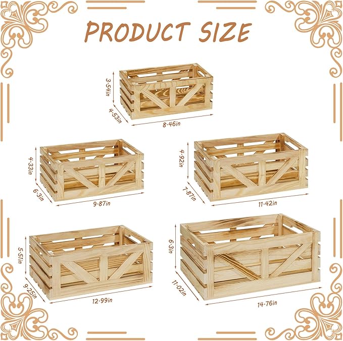 Wooden Crates for Display 5 Pack Wood Storage Crate for Home Rustic Nested Crates with Handles, Farmhouse Wooden Basket for Storage Container and Decorations