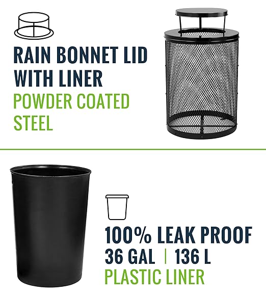 Alpine Outdoor Trash Can 36 Gallon Diamond Steel Commercial Metal Waste Bin with Leak Proof Liner, Heavy Duty Steel Mesh Design, Rain Bonnet Lid & Flat Lid for Parks, Streets, and Public Spaces-Black