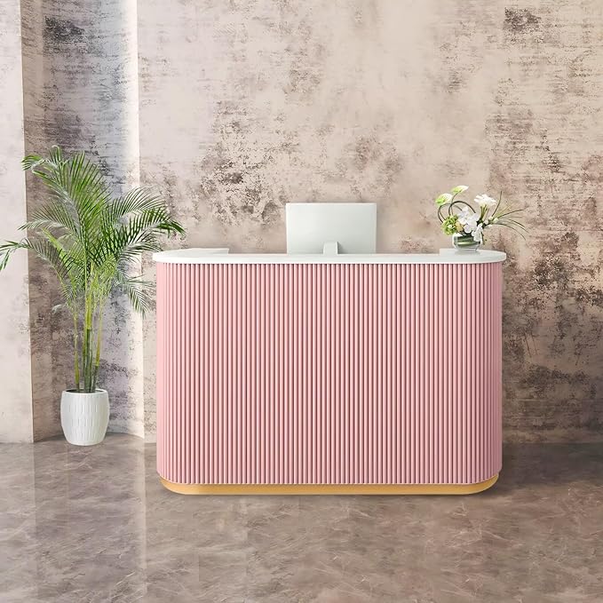 Small Reception Desk with Drawer and Cabinet Front Desk Receptionist Counter No Assembly Required Reception Room Tables Checkout Counter for Shop Retail Office Salon Lobby Pink 63inch/160cm