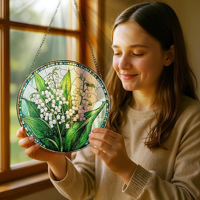 8-Inch Stained Glass Ornament, Stained Glass Window Hanging, Lily of Valley Flower Ornament, Window Hanging Decor Suncatcher | Mother's Day, Christmas, Birthday, Gifts for Mom & Flower Lovers