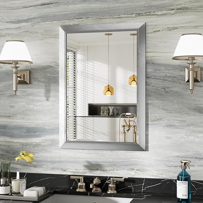 22x30 Inch Brushed Nickel Bathroom Mirror for Wall, Thick Metal Framed Rectangle Mirrors for Over Sink, Bedroom, Living Room, Entryway, Anti-Rust, HD Tempered Glass