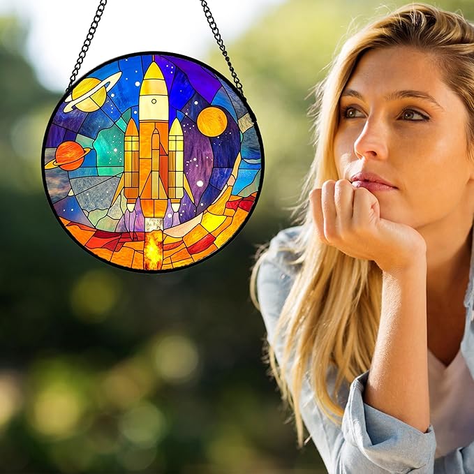 Stained Glass Window Hanging Abstract Universe Planetary Rocket Large 11.8" - Suncatcher Door Garden Sun Catcher Home Decor Birthday Children's for Men Teenage Boys Kids