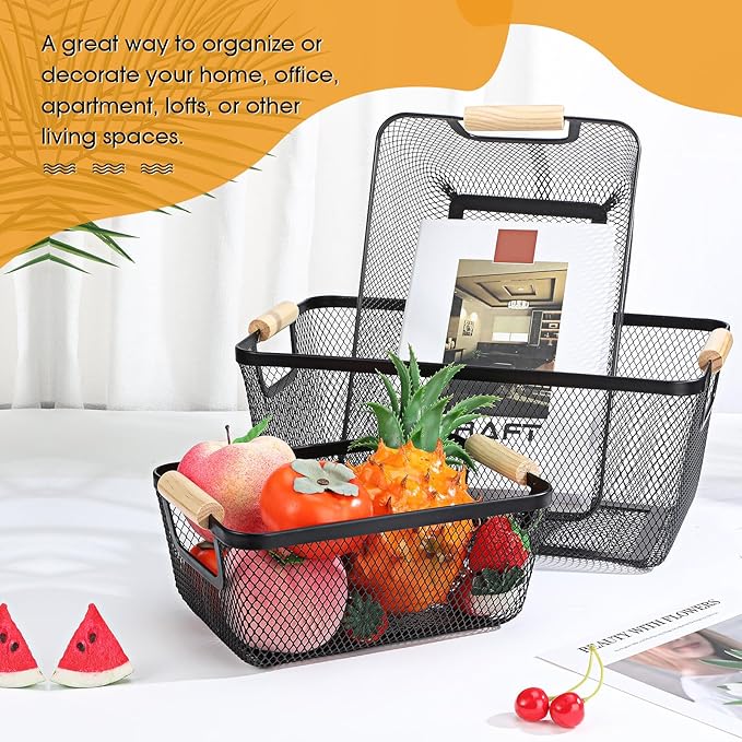Maxcheck 6 Pack 3 Size Metal Wire Baskets with Wooden Handles Black Steel Mesh Storage Dog Toys Bins Organizer Containers for Home Pet Toys Storage Cabinets Pantry Closet Kitchen Makeup Rectangle