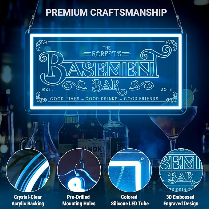 Basement Bar Neon Sign for Man Cave Home Bars, Personalized LED Lights for Pub Cocktails Party,Dimmable Shop Business Decor Gifts for Husband, Father, Birthday, Christmas