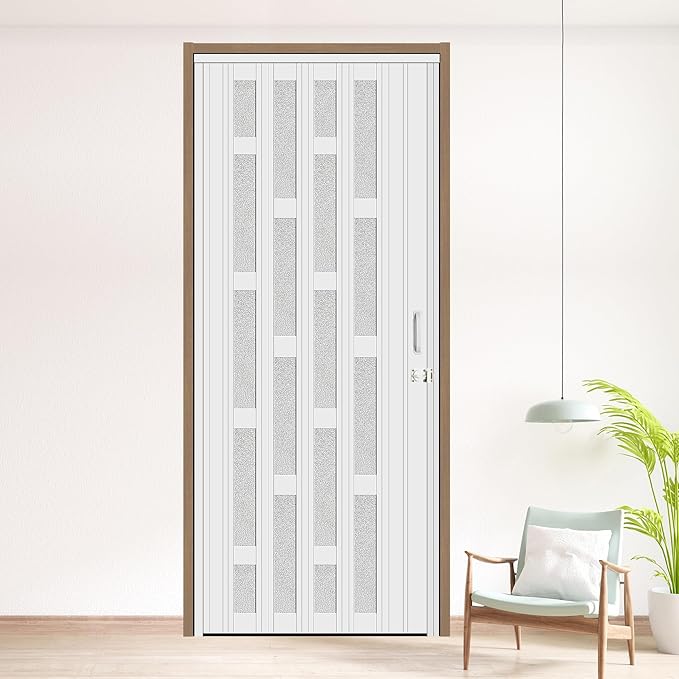 36X79in Frosted Acrylic Glass PVC Accordion Folding Door for Closet,Multifold Interior Door with Installation Hardware,Includes Handle and Latch,White Beech