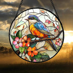 Stained Glass Window Hanging, Blue Bird Pink Flower Suncatcher Diamond Glass Panel Bird Sun Catchers Decor for Birthday for Women, Men, Wife, Aunt, and Mom 14.9x14.9 in