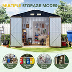 Breezz Outdoor Storage Shed 10 x 12ft. Utility Tool Shed Metal Storage Garden Shed with Lockable Doors, Windows & Metal Frame Floor for Patio Storage,Brown