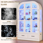 Arched Display Cabinet with 3 Glass Doors,5-Tier Curio Cabinet W/3 Color Lights for Collectibles,78'' Tall Curio Cabinet W/2 Drawers,Modern Display Case W/Human Body Sensor for Living/Game Room,Arche