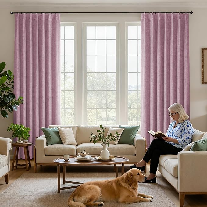 Joydeco Pinch Pleated Curtains - 100% Blackout for Bedroom, Pink Linen Curtains 40" W x 96" L, Thermal Insulated 2 Panels Light Blocking Drapes, Back Tabs for Living Room