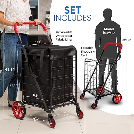SereneLife Large Folding Utility Shopping Cart with Removable Liner – Heavy Duty, 360° Swivel Wheels, 110 lb Capacity, Portable for Groceries, Laundry, Luggage, and More (Red)
