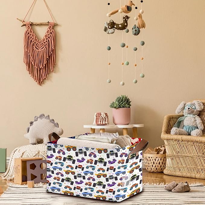 Cartoon Cars Storage Basket Large 17x11.5x10.5 Inche-Collapsible Fabric Organizer Bin with Handles for Bedroom,Living Room, Playroom-Foldable Decorative Hamper with Truck Graphic Design-Single Pack