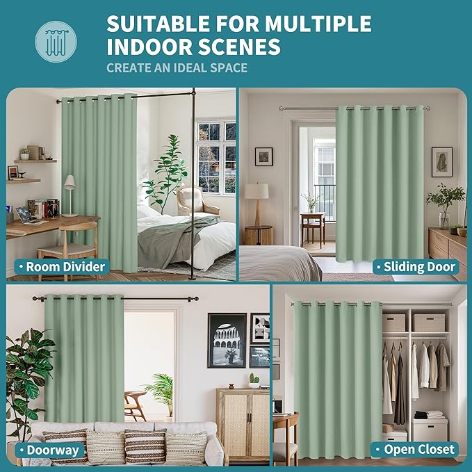 BGment Sliding Door Curtain 84 Inch Length, Extra Wide Room Darkening Curtain for Living Room Thermal Insulated Privacy Noise Cancelling Room Divider Bedroom Curtain, 1 Panel, Frosty Green, 120 Wide