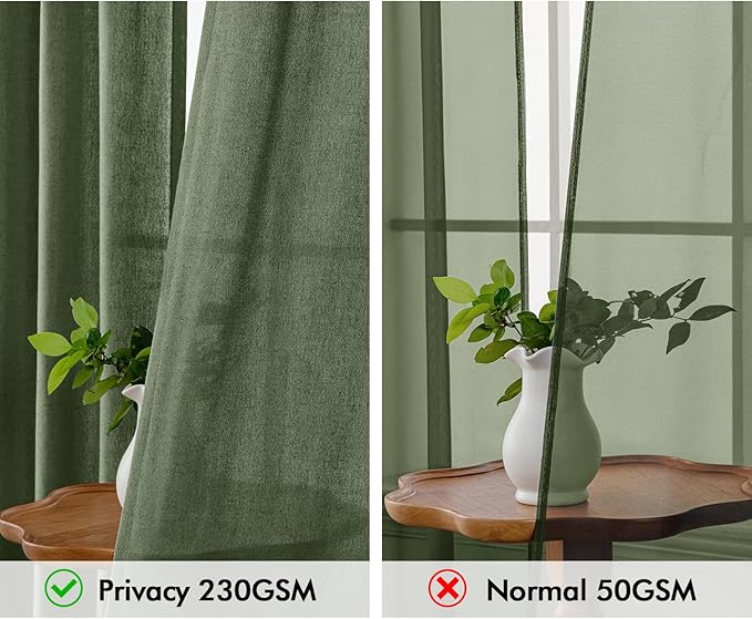 MIULEE Non-See-Through Privacy Linen Curtains 2 Panels, Olive Green Light Filtering Window Curtains Farmhouse Textured Back Tab Semi Sheer Drapes for Bedroom Living Room 96 Inches Long Dark Green