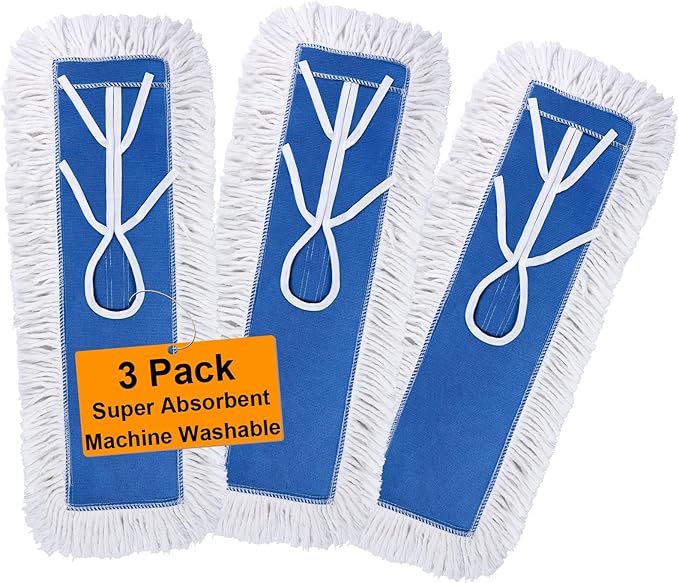 3 Pack 24 Inch Industrial Cotton Dust Mop Head Refill, Dust Mop Replacement Head for Commercial & Home Use, Heavy Duty Replacement for Office & Industrial Use, Machine Washable (3PC-24 inch)